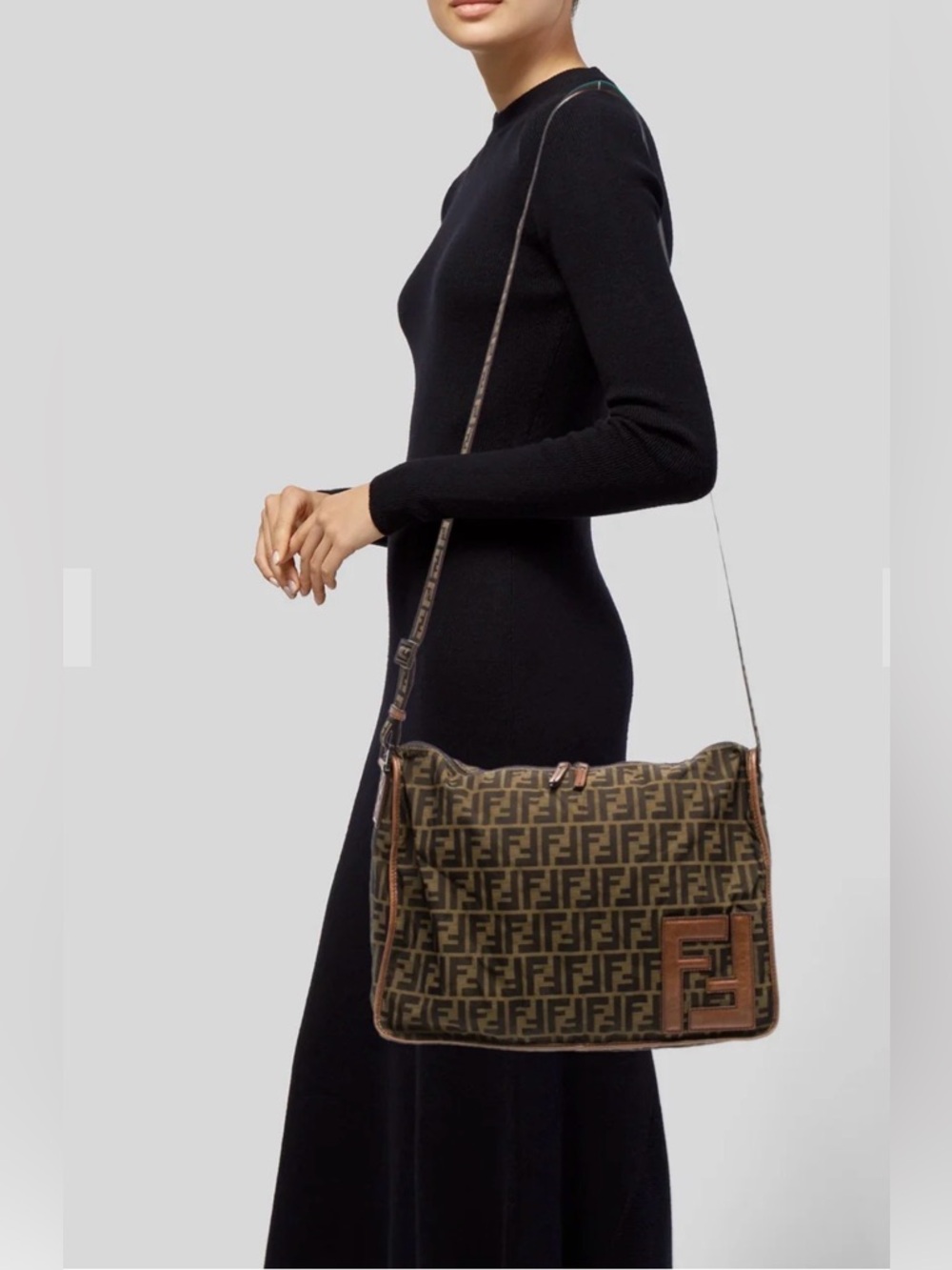 Fendi Zucca FF Messenger Bag Nylon Leather Trim Brown Crossbody